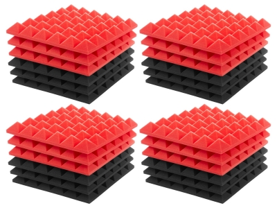 JBER Acoustic Sound Foam Panels, 24 Pack 2" X 12" X 12" Red and Black Soundproofing Treatment Studio Wall Padding Sound Absorbing Fireproof Pyramid Wedge Tiles